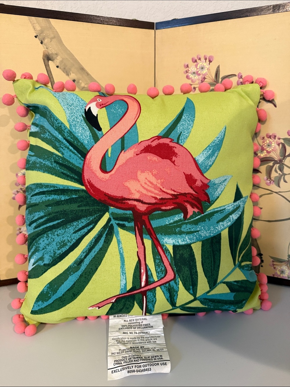 Allen & Roth Tropical Flamingo Throw Pillow Lime Green & Pink Pom 2 Pom 16 x 16 - Picture 2 of 7